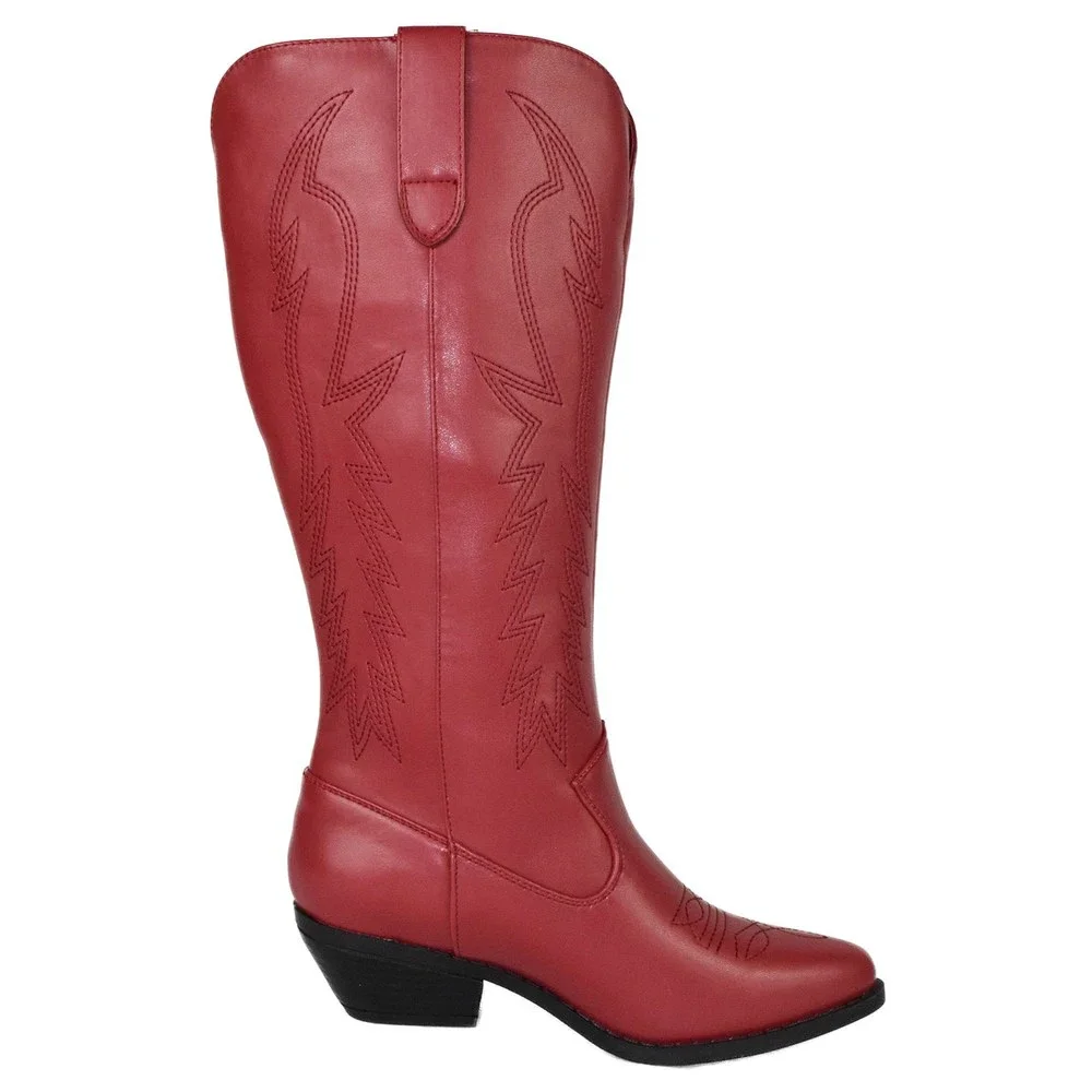 Soda Women Cowboy Western Stitched Boots Pointy Toe Knee High COWBOY-S red - Picture 2 of 3